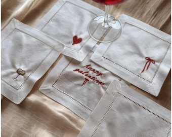 Embroidered Linen Cocktail Napkins – Valentine's Day Bar Decor