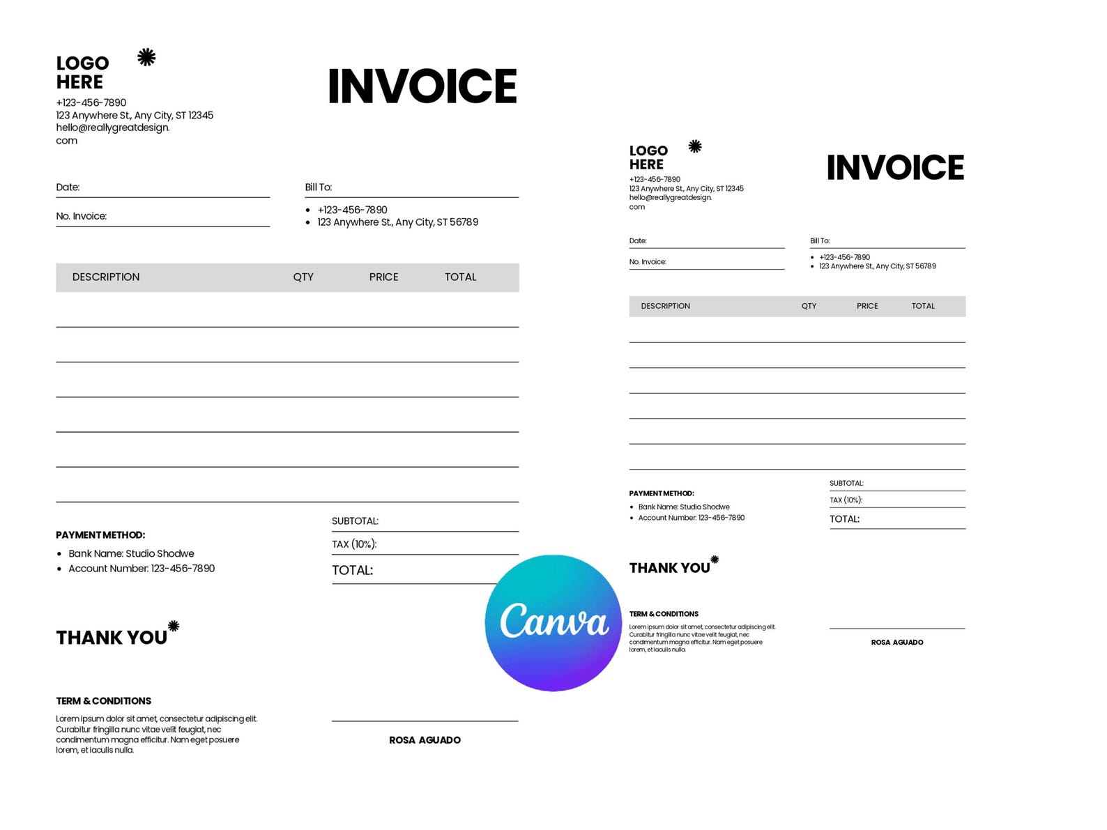 Editable Minimalist Canva Invoice Template for Small Business | Custom ...