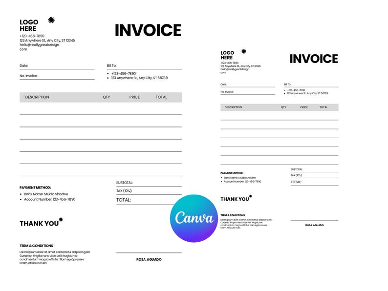 Editable Minimalist Canva Invoice Template for Small Business | Custom ...