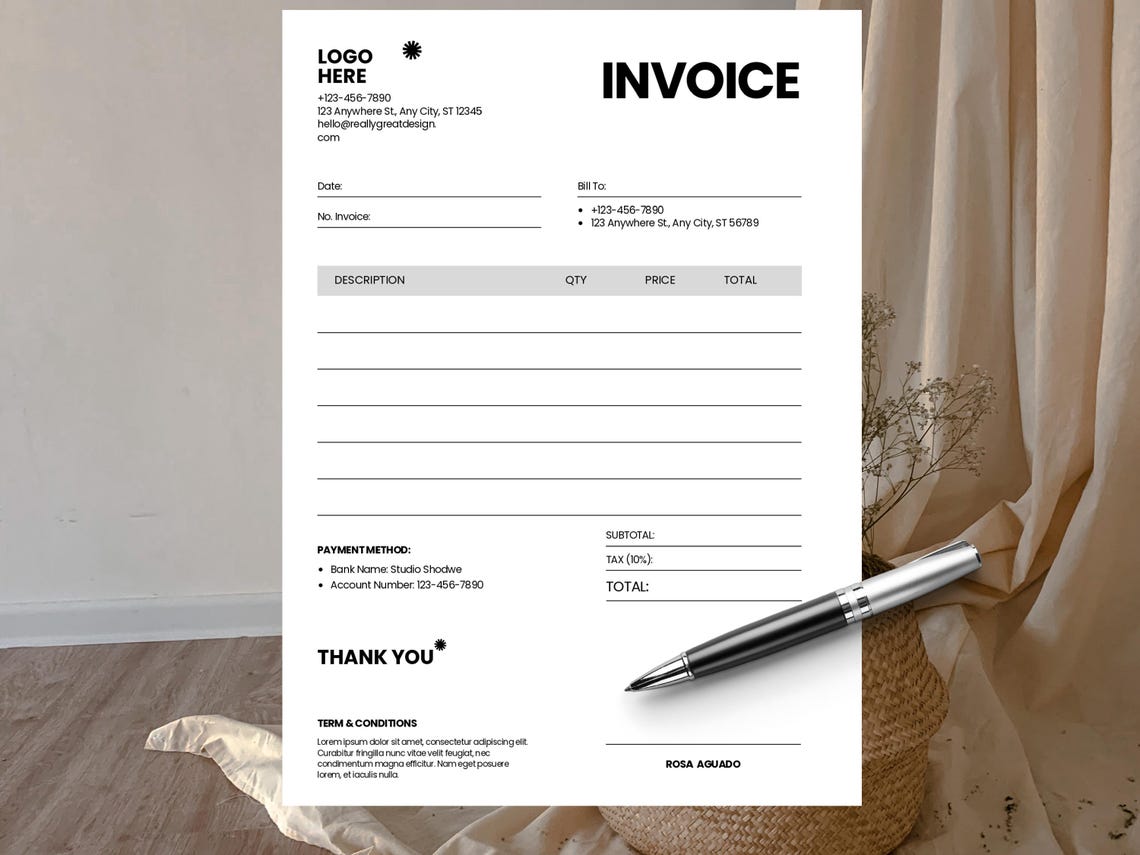 Editable Minimalist Canva Invoice Template for Small Business | Custom ...