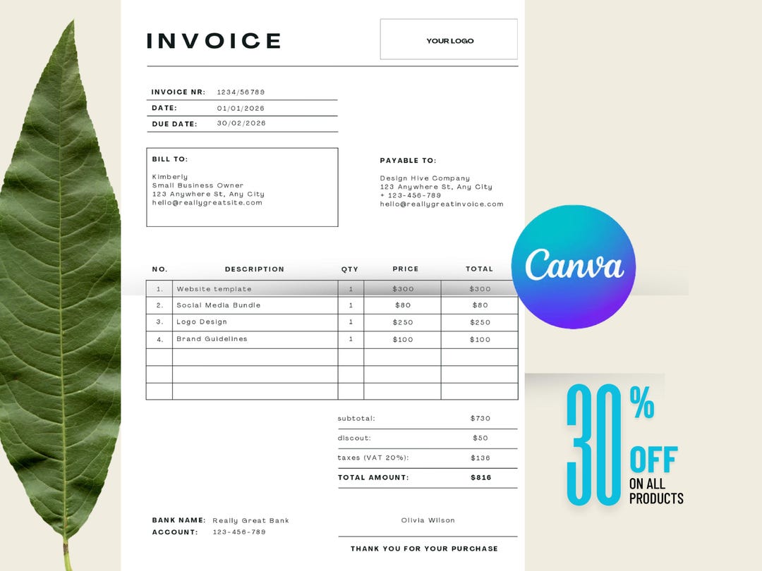 Editable Canva Invoice Template for Small Business | Professional ...