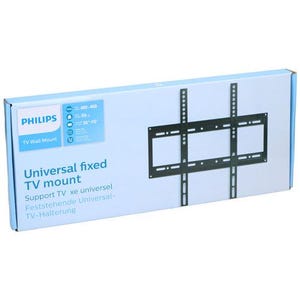 Puede incluir: Un soporte de TV fijo universal Philips en una caja azul y blanca. La caja presenta un soporte de TV de metal negro e informaci&oacute;n del producto. El texto en la caja incluye "Universal fixed TV mount" y "TV Wall Mount".