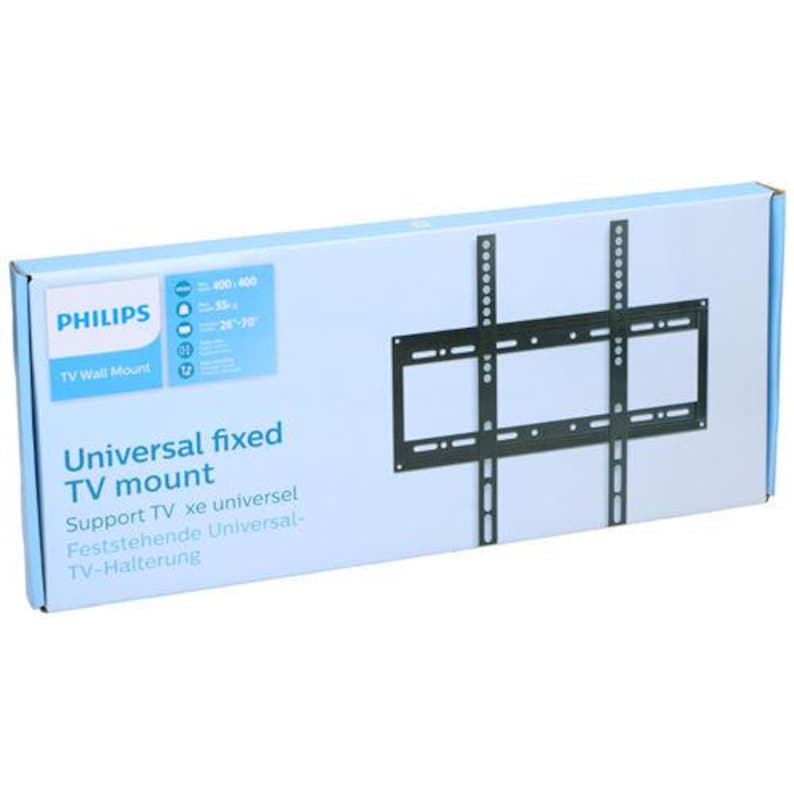 Puede incluir: Un soporte de TV fijo universal Philips en una caja azul y blanca. La caja presenta un soporte de TV de metal negro e informaci&oacute;n del producto. El texto en la caja incluye "Universal fixed TV mount" y "TV Wall Mount".