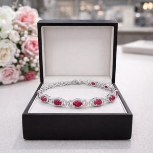 6.00 Ct Oval Cut Natural Ruby & Diamond Anniversary Gift  Bracelet 18K White Gold VVS1