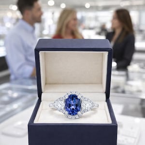 Anillo de boda de zafiro natural de talla ovalada de 2,75 quilates y diamantes en oro blanco de 14 quilates.