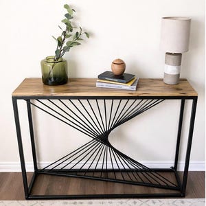 Modern Industrial Console Table - Twisted Steel Base, Solid Black Limba Wood Top, Entryway Sofa Table, Made in Canada