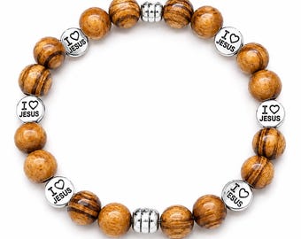Olive Wood Christian Bracelet | I Love Jesus Beaded Bracelet | Religious Faith Jewelry for Men Women | Handmade Holy Land Gift