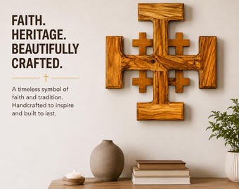 Handmade Jerusalem Cross from Bethlehem, Holy Land Olive Wood Cross with Holy Land Card, Christian Wall Cross Gift
