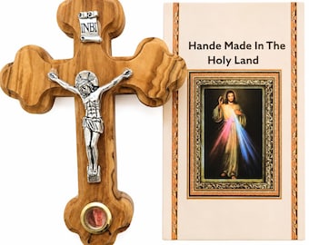 Handmade Olive Wood Orthodox Wall Crucifix from Bethlehem with Holy Land Relic | Catholic Cross with Metal Corpus | Christian Gift