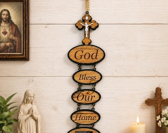 God Bless Our Home Olive Wood Hanging Ornament with Cross & Holy Land Incense | Handmade in Bethlehem | Christian House Blessing Gift