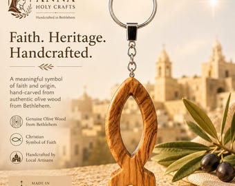 Handmade Olive Wood Fish Keychain from Bethlehem, Christian Ichthys Key Ring with Holy Land Card, Religious Gift