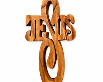 Handmade Olive Wood Jesus Cross from Bethlehem, Christian Wall Cross Decor, Holy Land Religious Gift, Wooden Jesus Cross