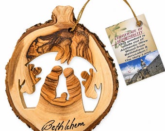 Handmade Olive Wood Nativity Ornament from Bethlehem, Holy Land Christmas Ornament with Authenticity Card, Christian Gift