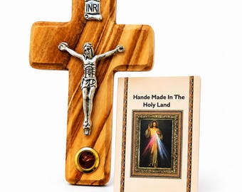 Handmade Olive Wood Wall Crucifix from Bethlehem with Incense Relic | Catholic Cross with Metal Jesus Corpus | Christian Gift