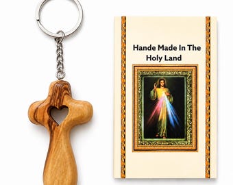 Handmade Olive Wood Cross Keychain with Heart Cutout from Bethlehem | Christian Key Ring | Religious Gift for Women Men | Holy Land Gift