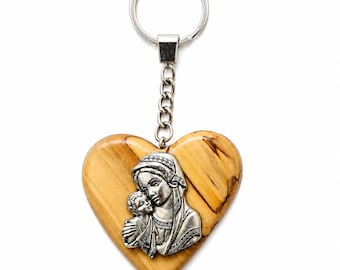 Handmade Olive Wood Virgin Mary Heart Keychain from Bethlehem | Madonna and Child Key Ring | Christian Catholic Gift | Holy Land Keepsake