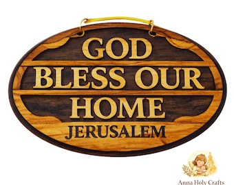 Handmade Olive Wood Wall Plaque | God Bless Our Home, Jerusalem