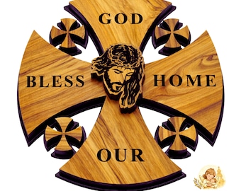 Handmade Olive Wood Christian Wall Cross, With Jesus, God Bless Our Home Gift