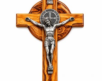 Handmade Saint Benedict Olive Wood Cross | Catholic Wall Crucifix | Holy Land Cross from Bethlehem |Christian Home Decor | Confirmation Gift