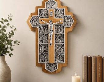 Handmade Olive Wood Stations of the Cross Wall Crucifix from Bethlehem | Catholic Cross with 14 Stations | Christian  Gift | 5.5 Inch