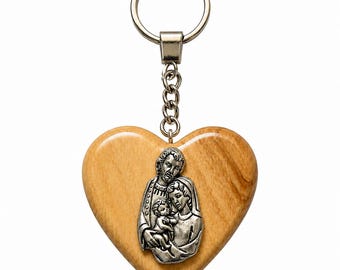 Handmade Olive Wood Sacred Family Heart Keychain from Bethlehem | Christian Religious Gift | Holy Family Key Ring | Catholic Gift