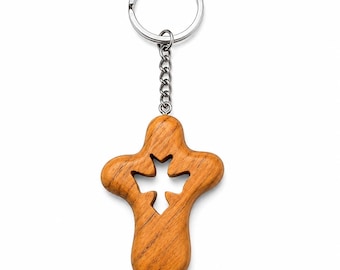 Handmade Olive Wood Cross Keychain from Bethlehem | Christian Key Ring | Religious Gift for Men Women | Holy Land Pocket Cross