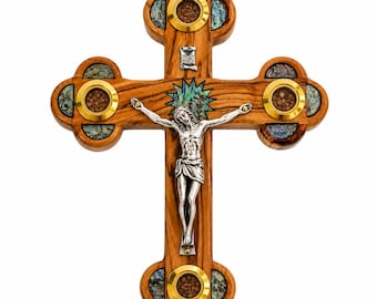 Handmade Olive Wood Crucifix with Mother of Pearl | Catholic Wall Cross from Bethlehem Holy Land | Christian Gift