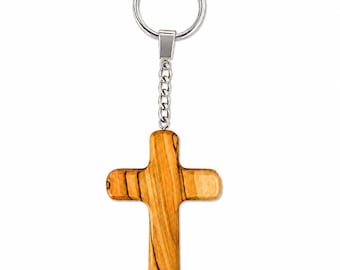 Handmade Olive Wood Cross Keychain from Bethlehem, Christian Key Ring with Holy Land Card, Religious Christmas Gift