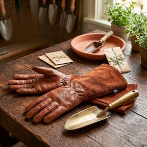 May include: A pair of brown leather gardening gloves with the word "WYLAN" and a leaf design, a small trowel, and a terracotta dish with a small shovel on a wooden table. Small seed packets and potted plants are also visible.