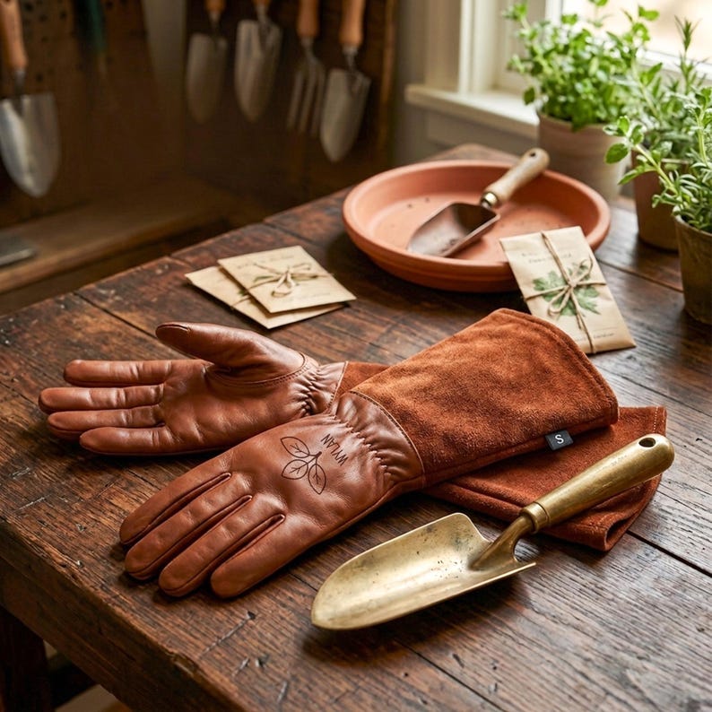 May include: A pair of brown leather gardening gloves with the word "WYLAN" and a leaf design, a small trowel, and a terracotta dish with a small shovel on a wooden table. Small seed packets and potted plants are also visible.