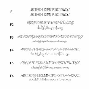 May include: A white background displays six different font styles, each with uppercase and lowercase alphabets. The fonts vary from a simple sans-serif to elegant cursive scripts. Each font is labeled with an F number.