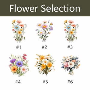 Puede incluir: La imagen muestra seis ramos de flores en acuarela, cada uno con una disposici&oacute;n y paleta de colores &uacute;nicas. El texto "Flower Selection" est&aacute; en la parte superior. Cada ramo est&aacute; numerado del #1 al #6, ofreciendo una variedad de opciones florales.