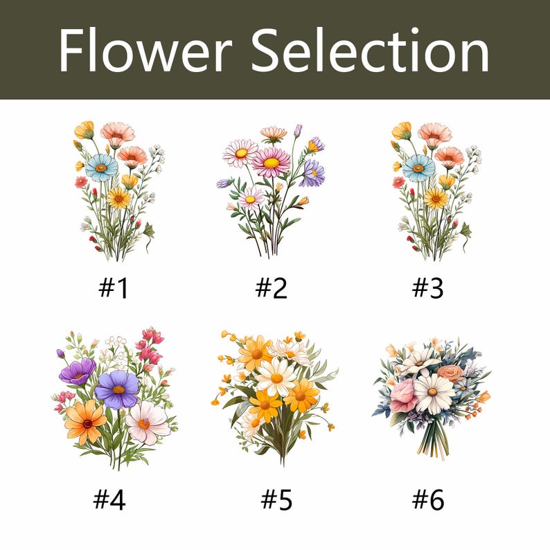 Puede incluir: La imagen muestra seis ramos de flores en acuarela, cada uno con una disposici&oacute;n y paleta de colores &uacute;nicas. El texto "Flower Selection" est&aacute; en la parte superior. Cada ramo est&aacute; numerado del #1 al #6, ofreciendo una variedad de opciones florales.