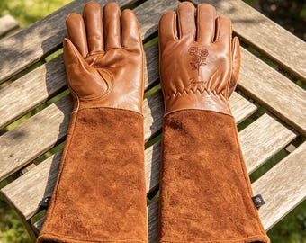 Guantes de trabajo de cuero marrón para jardinería, apicultura y soldadura, largos y protectores, con nombre o diseño personalizado, hechos a mano, suaves y duraderos, regalo para papá.