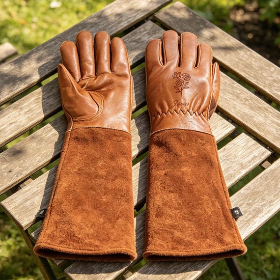 Brown Leather Work Gloves for Gardening Beekeeping Welding, Long Protective, Custom Name or Design, Handcrafted Soft Durable Gift for Dad