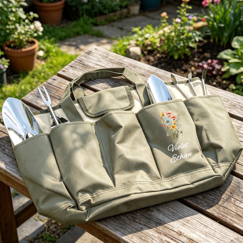 Puede incluir: Una bolsa verde de lona para herramientas de jard&iacute;n con m&uacute;ltiples bolsillos, que contiene varias herramientas de jardiner&iacute;a de acero inoxidable. La bolsa tiene un asa y un bordado floral con los nombres "Violet Ethan". La bolsa est&aacute; sobre una superficie de madera.