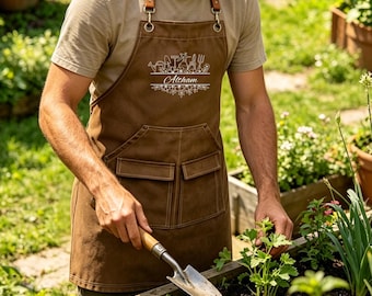 Personalized Heavy-Duty Canvas Gardening Apron for Men & Women,Custom Name,Large Tool Pockets,Cross Back Straps,Gift for Gardener,Dad or Mom