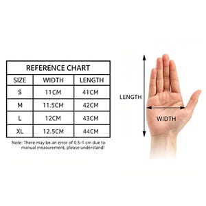 May include: A white background features a reference chart with size measurements in centimeters. The chart includes sizes S, M, L, and XL, with corresponding width and length measurements. A hand is shown with arrows indicating width and length. The text reads: "Note: There may be an error of 0.5-1 cm due to manual measurement, please understand!"