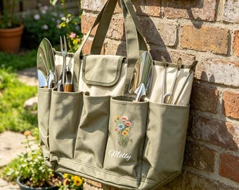 Personalized Large Garden Tote Bag,Khaki & Army Green Color-Block,600D Oxford,Multi-Pocket Organizer,Perfect Gift for Gardeners,Couples