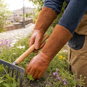 May include: Brown leather gardening gloves with long sleeves, protecting the arms. The gloves are being used to tend to a garden with a rake. The gloves have the word "WYLAN" and a leaf design on the back of the hand.