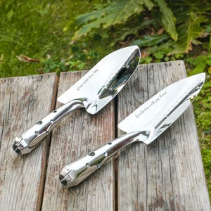 Personalized Stainless Steel Garden Shovel, Large and Small Trowel, Custom Engraved Name or Message on Blade, Gift for Gardeners and Parents