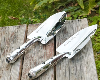 Personalized Stainless Steel Garden Shovel, Large and Small Trowel, Custom Engraved Name or Message on Blade, Gift for Gardeners and Parents