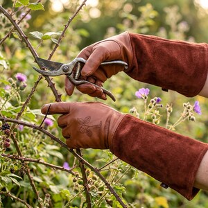 May include: Brown leather gardening gloves with long suede cuffs. The gloves are being used with pruning shears to trim a thorny plant. A berry design is visible on the glove.