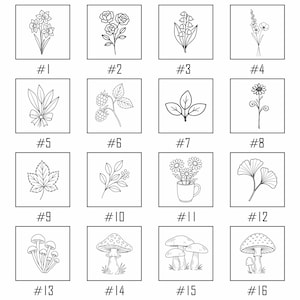May include: A collection of sixteen black and white line drawings of botanical and natural elements. The illustrations include various flowers, leaves, berries, and mushrooms, each labeled with a number from #1 to #16.