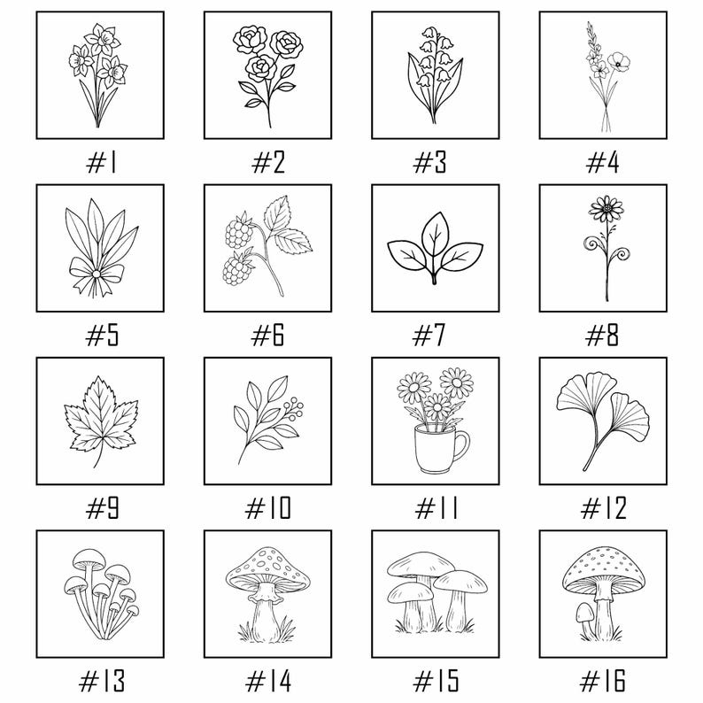 May include: A collection of sixteen black and white line drawings of botanical and natural elements. The illustrations include various flowers, leaves, berries, and mushrooms, each labeled with a number from #1 to #16.