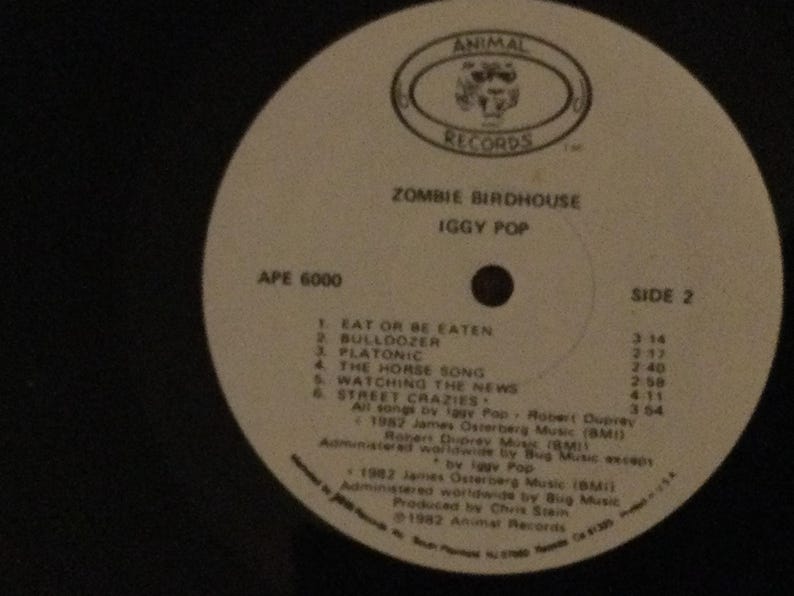 May include: A vinyl record for Iggy Pop's album "Zombie Birdhouse" on Animal Records. The label is white with black text, including song titles and timings. The record is labeled "Side 2" and has the Animal Records logo.