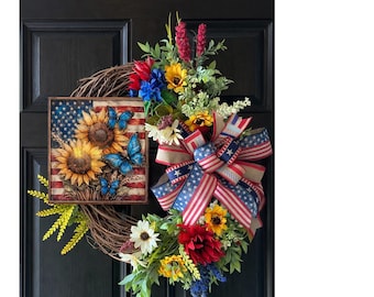 Corona de girasoles patriótica, adorno para puerta del 4 de julio, decoración con la bandera estadounidense, corona de verano para la puerta principal, decoración roja, blanca y azul para el porche.
