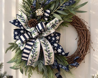Blueberry Winter Wreath, Navy Blue Christmas Wreath, Grapevine Front Door Wreath, Winter Door Decor, Pinecone Berry Wreath
