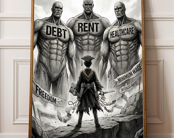 Gen Z Graduation Art Print – Student Loan Titan, Economic Despair (Digital Download)