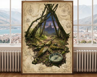 Compass Rose Map Art Print – Dark Academia Study Decor (Digital Download)
